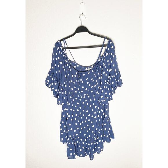 Tularosa Women's Hattie Dress Cold Shoulder Tier Ruffled Mini Blue White Ink Dot - Picture 6 of 10